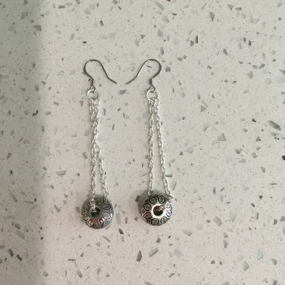Silver Double-Chain Drop Earrings with Floral Medallion